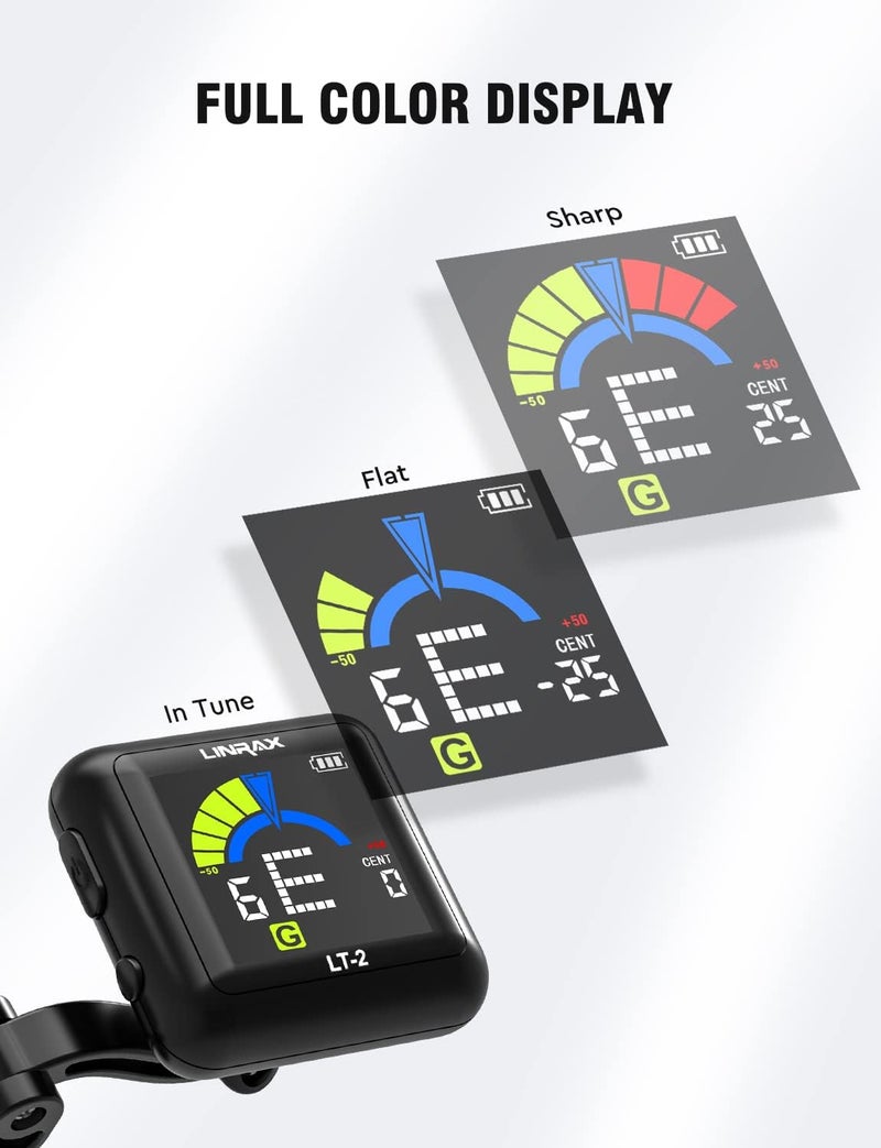 LINRAX LT-2 Guitar Tuner Rechargeable Clip On Tuner for Guitar, Bass, Ukulele, Violin, Banjo, Chromatic Tuner with LCD Color Display, Digital Tuner for Stringed Instruments, Guitar Accessories, Black - Image 4